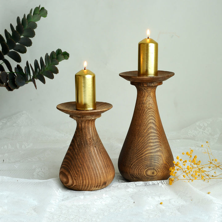 Hand Moulded Rubberwood Quoit Candle Holders - Set of 2