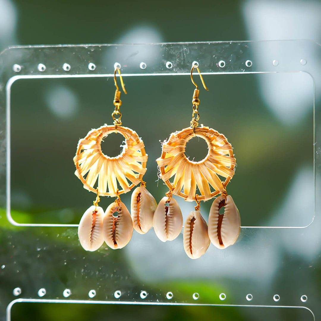 Round Woven Bamboo Earrings with Shells