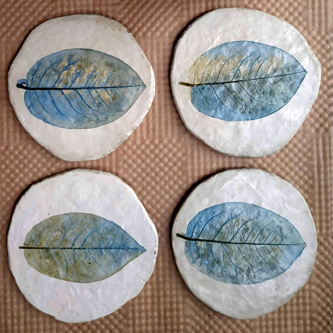 Handcrafted Leaf Imprint Coasters - Blue Dawn