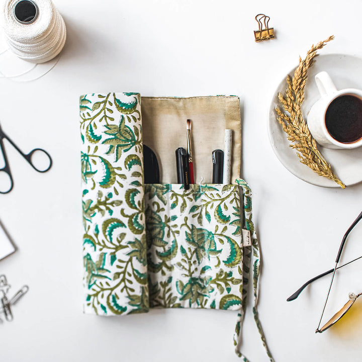 Hand-stitched Cotton Fabric Green Floral Roll Up Case