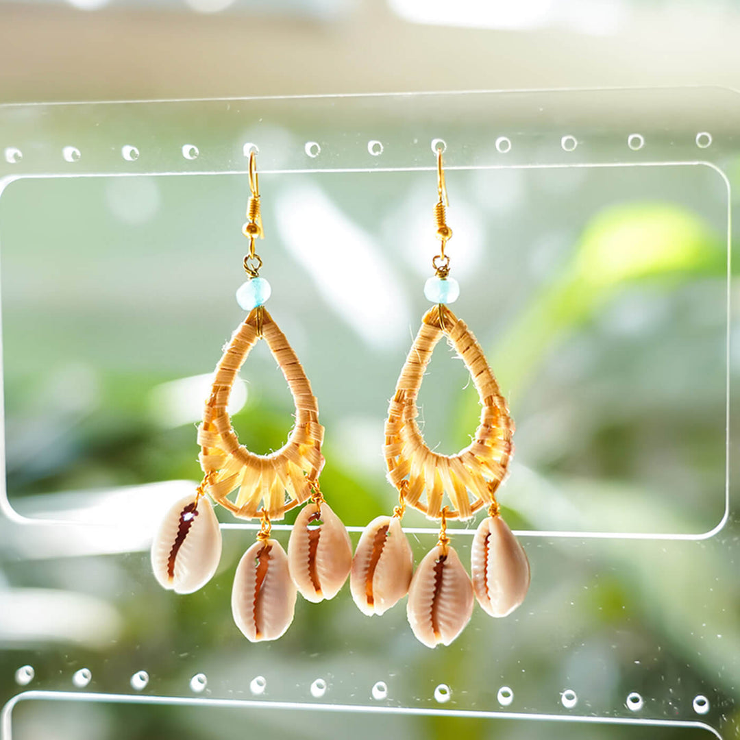 Drop-Shaped Woven Bamboo Earrings with Shells