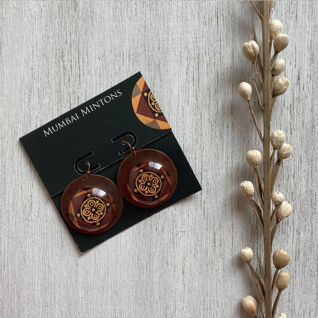 Brown Minton Tile Copper Earrings - Flower