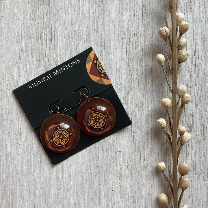 Brown Minton Tile Copper Earrings - Flower