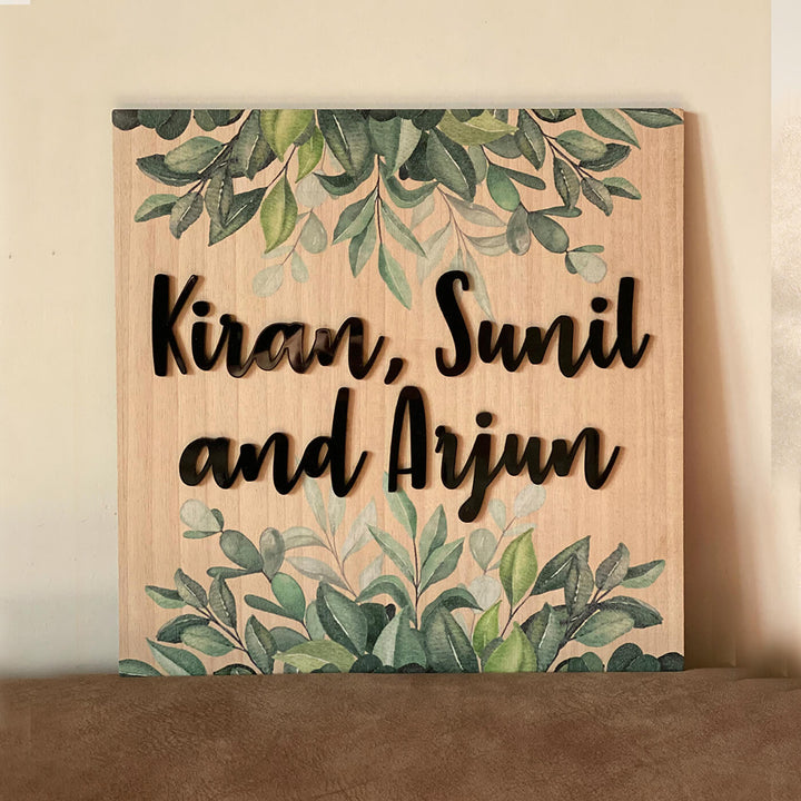 Personalised Wooden Botanical Square Nameplate