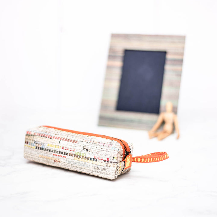 Handwoven Newspaper Pencil Pouch - Orange