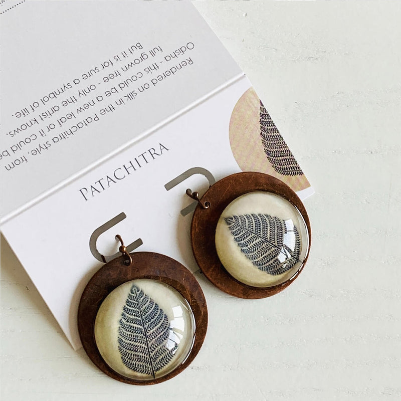 Beige Patachitra Tree Copper Earrings
