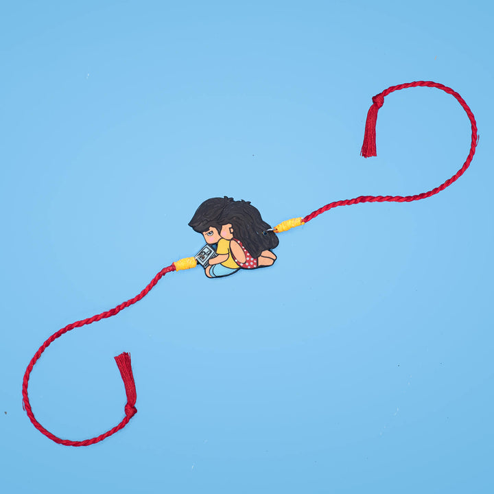 Handpainted Sibling Illustration Rakhi With Roli Chawal