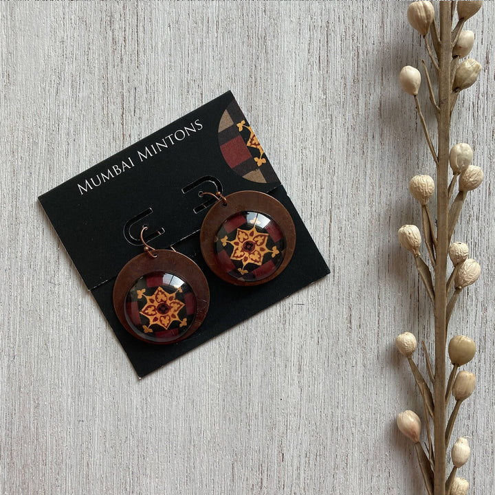 Black Minton Tile Copper Earrings - Flower