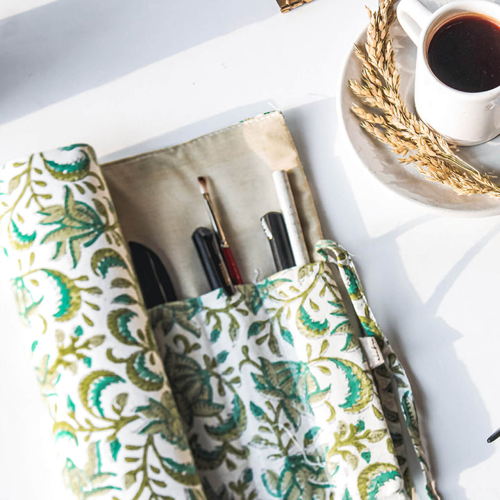 Hand-stitched Cotton Fabric Green Floral Roll Up Case
