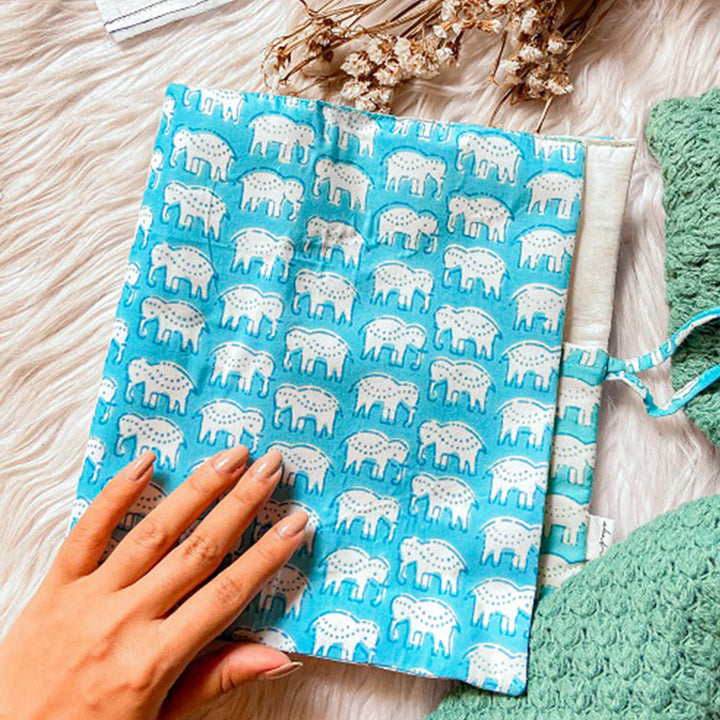 Hand-stitched Cotton Fabric Blue Elephant Roll Up Case
