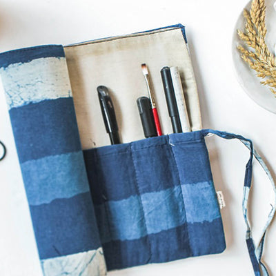 Hand-stitched Indigo Stripes Roll Up Case
