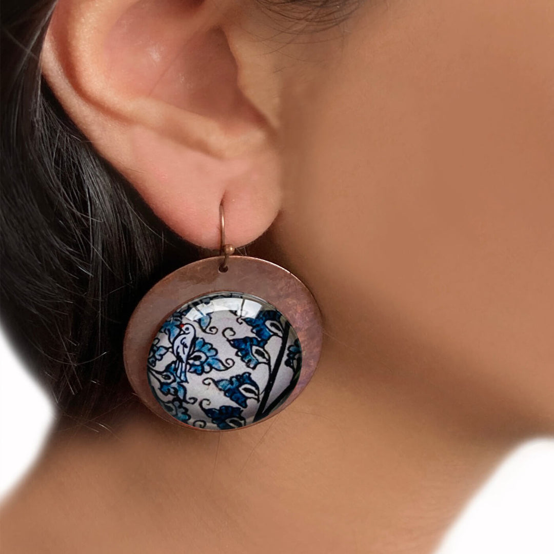 White & Blue Patachitra Bird Copper Earrings