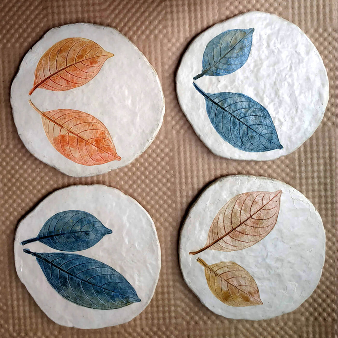 Handcrafted Leaf Imprint Coasters - Orange & Blue Twins