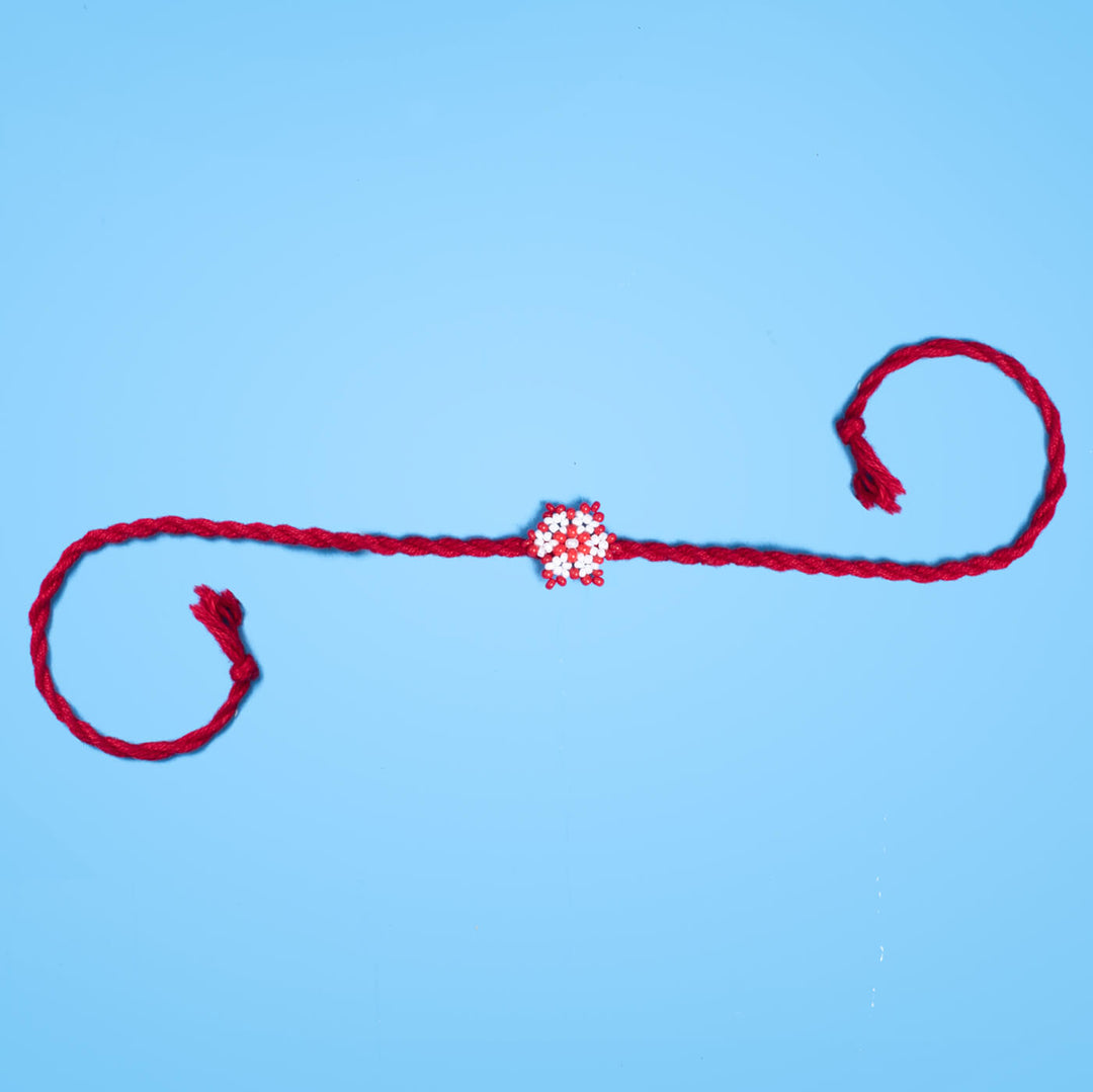 Phool Collection Glass Beeds Rakhi Red White - Full Length Unfolded View