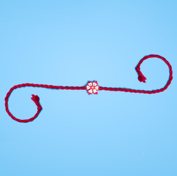 Phool Collection Glass Beeds Rakhi Red White - Full Length Unfolded View