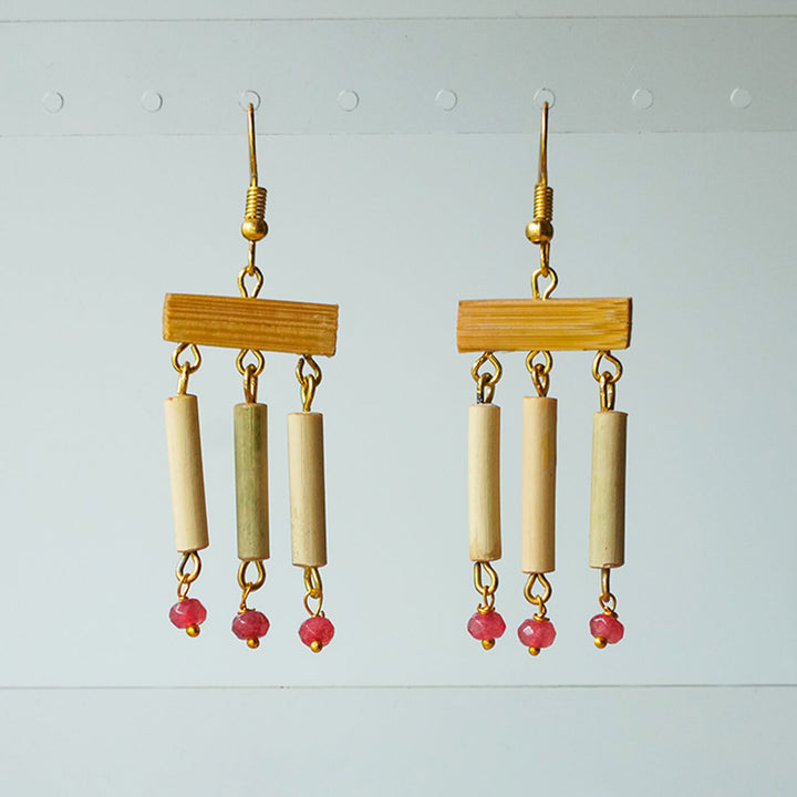 Three Latkan Pink Beaded Bamboo Earrings