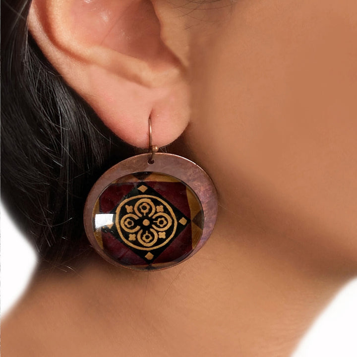 Brown Minton Tile Copper Earrings - Flower