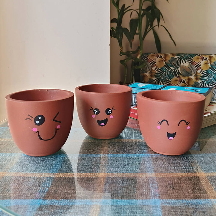 Handpainted Terracotta Emoji Planter Pot (Set of 3)