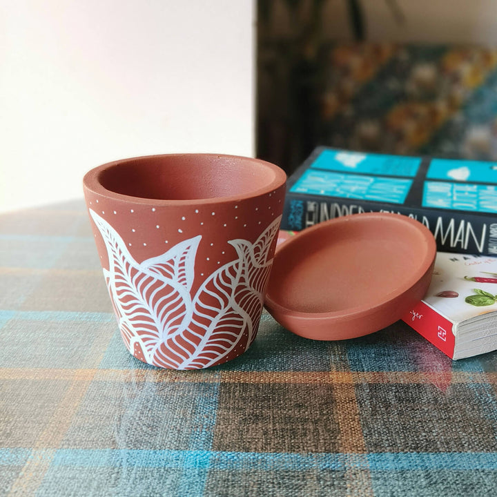 Handpainted Terracotta Foliage White Forest Planter Pot