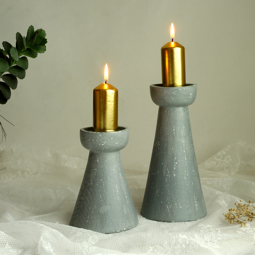 Hand Moulded Pinewood Conical Candle Holders - Set of 2