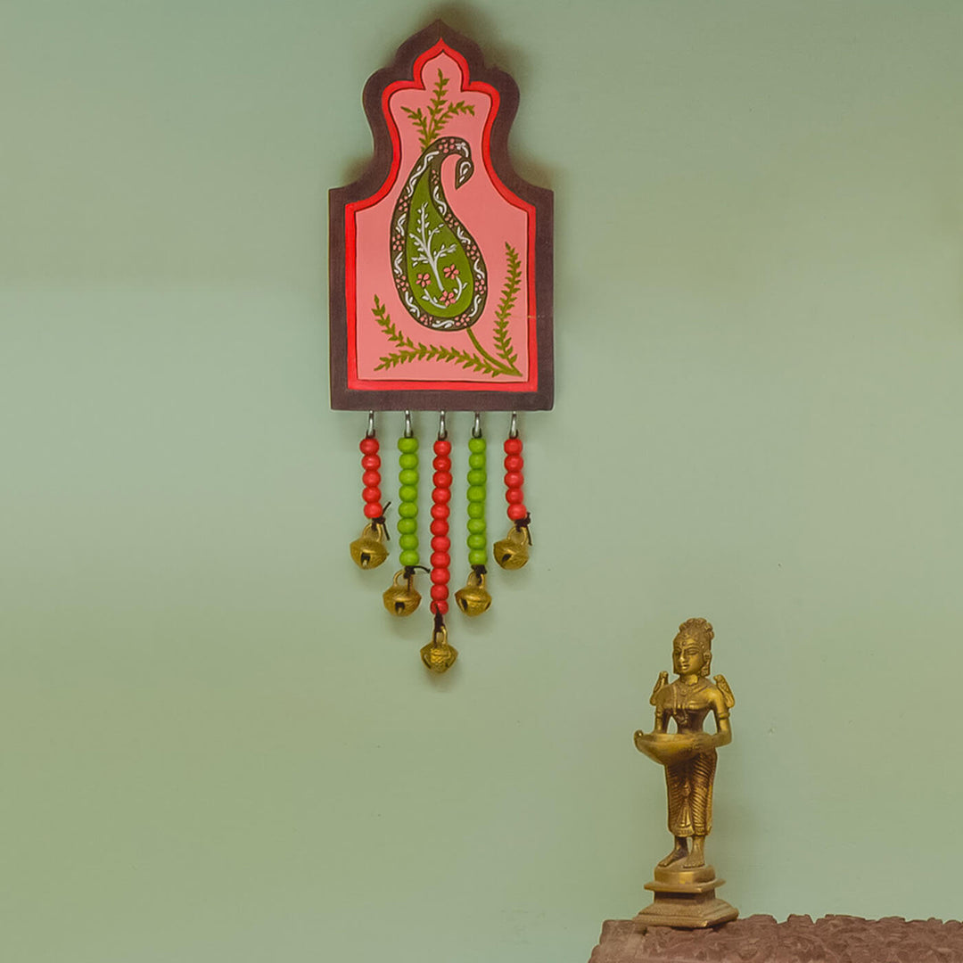 Handpainted Paisley Wooden Wall Art with Wooden Beads and Brass Ornament - Red Peach