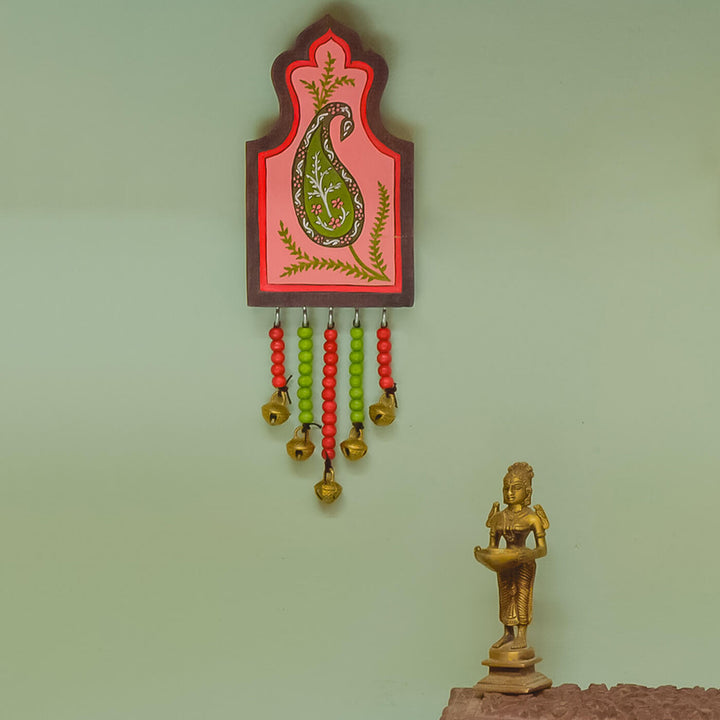 Handpainted Paisley Wooden Wall Art with Wooden Beads and Brass Ornament - Red Peach