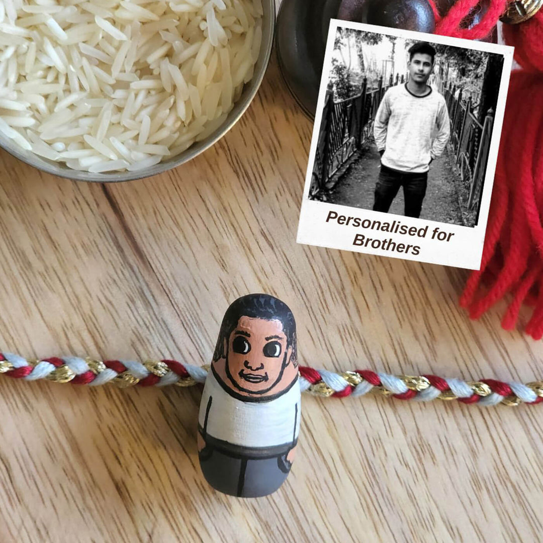 Photo Customized Wooden Character Doll Rakhi with Roli Chawal