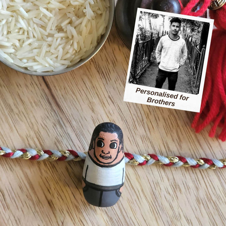 Photo Customized Wooden Character Doll Rakhi with Roli Chawal