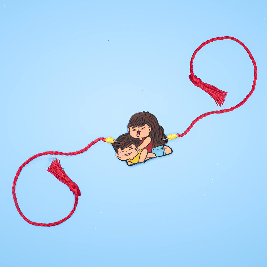 Handpainted Sibling Illustration Rakhi With Roli Chawal