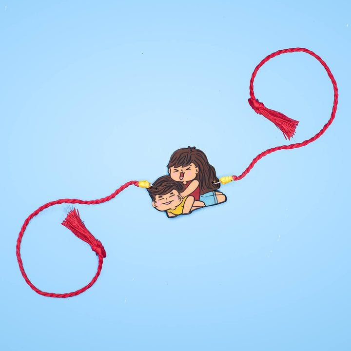 Handpainted Sibling Illustration Rakhi With Roli Chawal