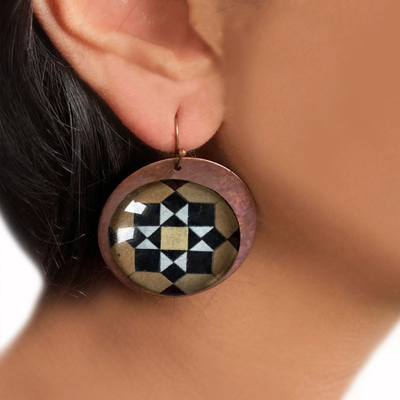 Brown Minton Tile Copper Earrings - Geometeric