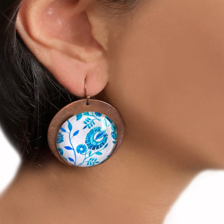 White & Blue Chintz Copper Earrings