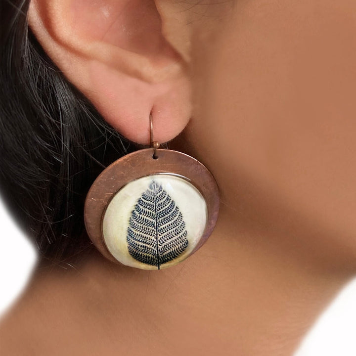 Beige Patachitra Tree Copper Earrings