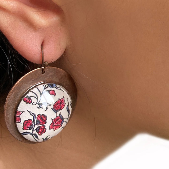 White & Red Poppy Copper Earrings