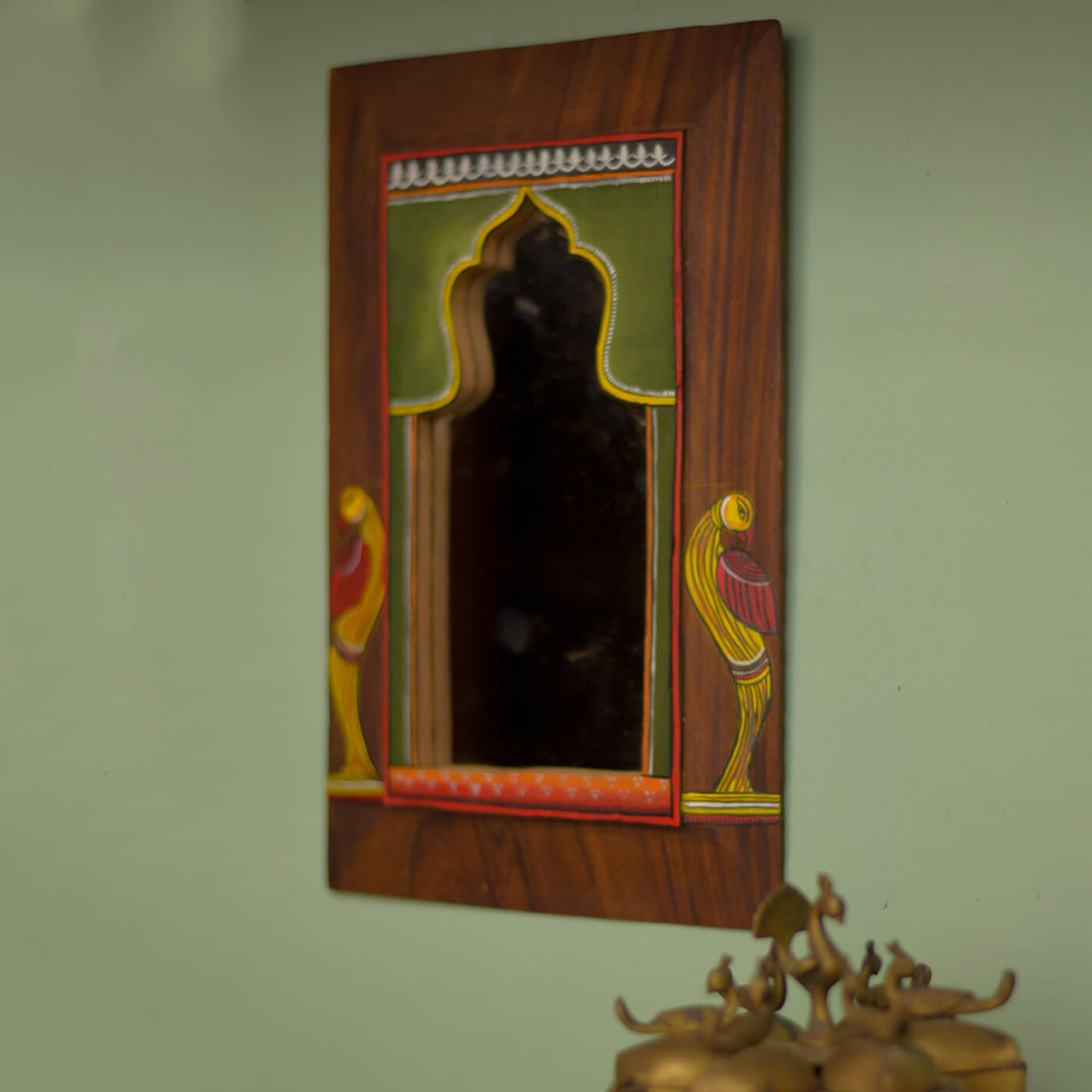 Handpainted Miniature Mirror with Vintage Wooden Frame - Carved Bird