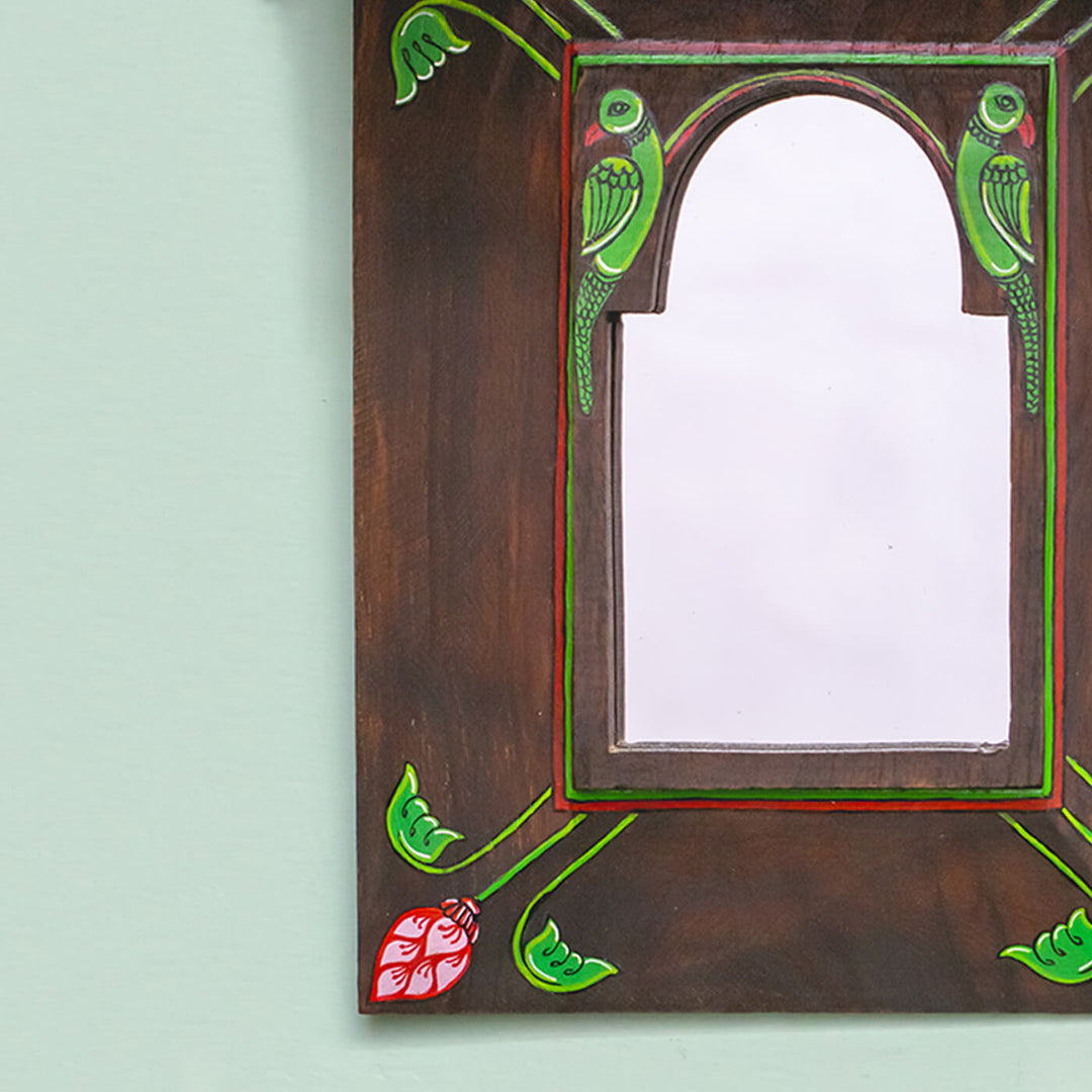 Handpainted Pattachitra Mirror with Vintage Wooden Frame - Parrot