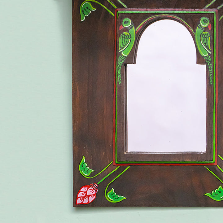 Handpainted Pattachitra Mirror with Vintage Wooden Frame - Parrot