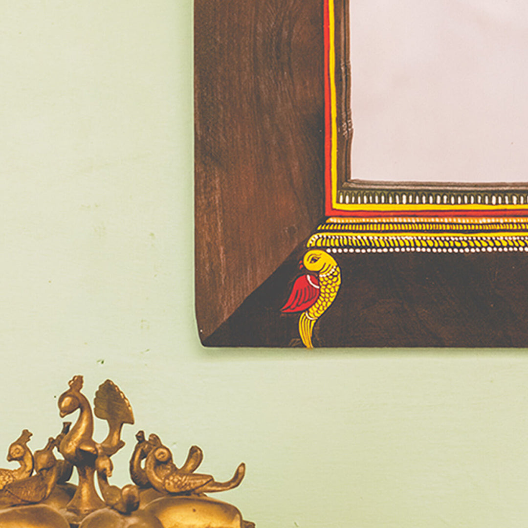 Handpainted Miniature Mirror with Vintage Wooden Frame - Bird