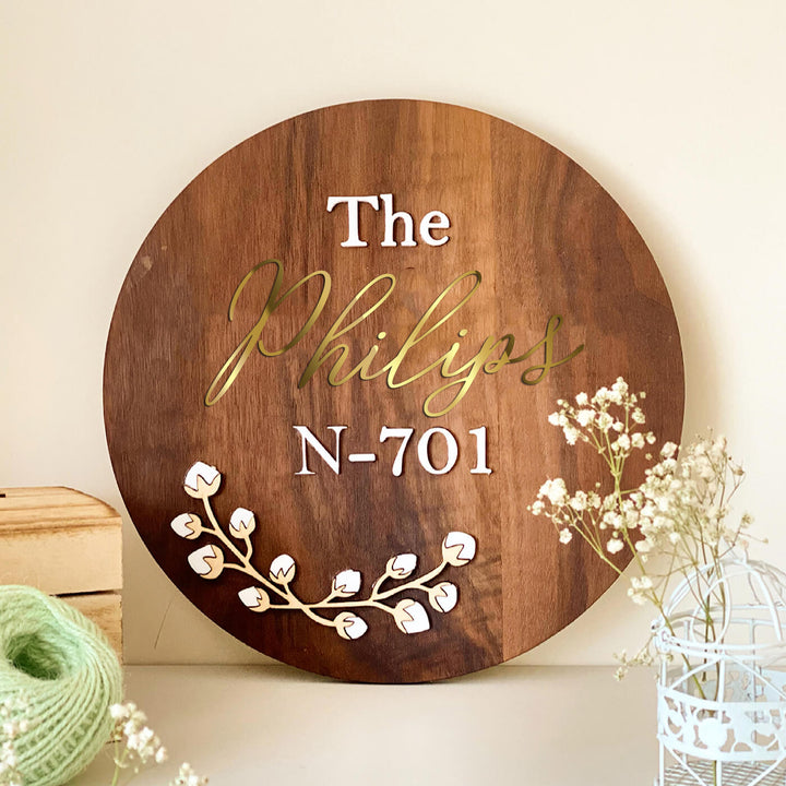 Personalised Wooden Round Floral Nameplate