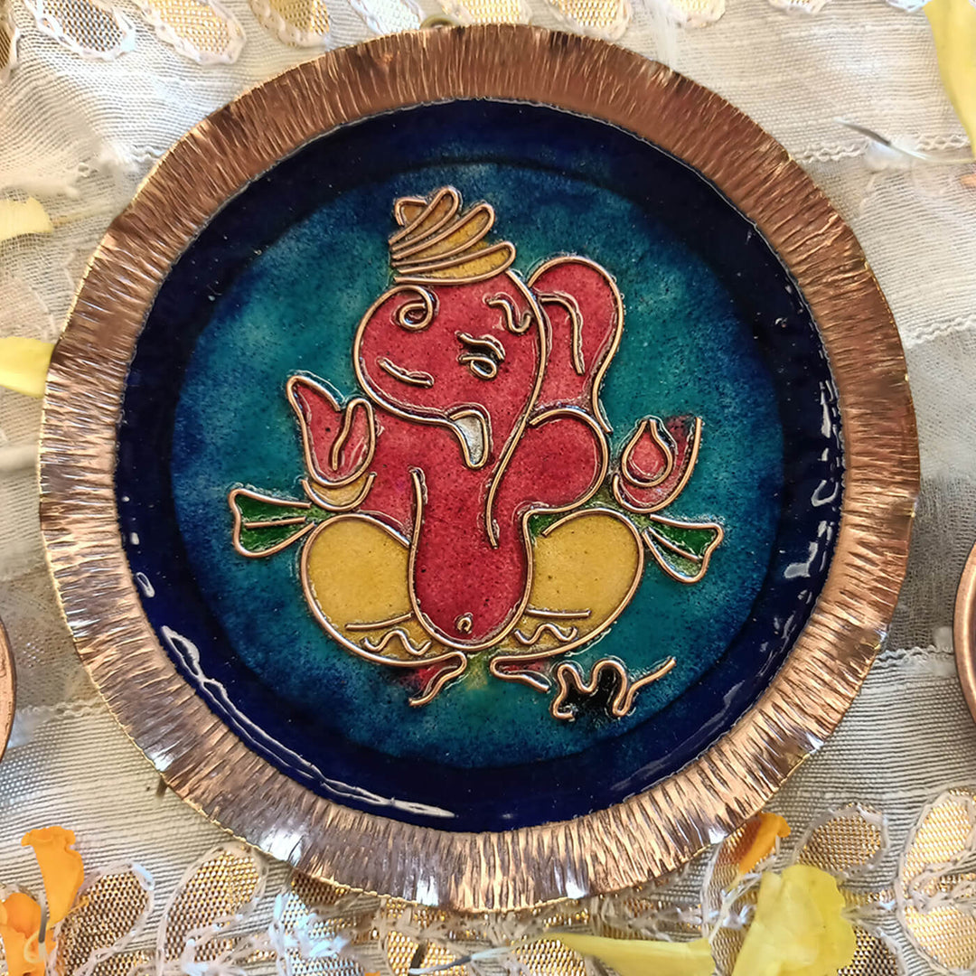 Copper Enamel Blue Ganesha Decorative Wall Plate