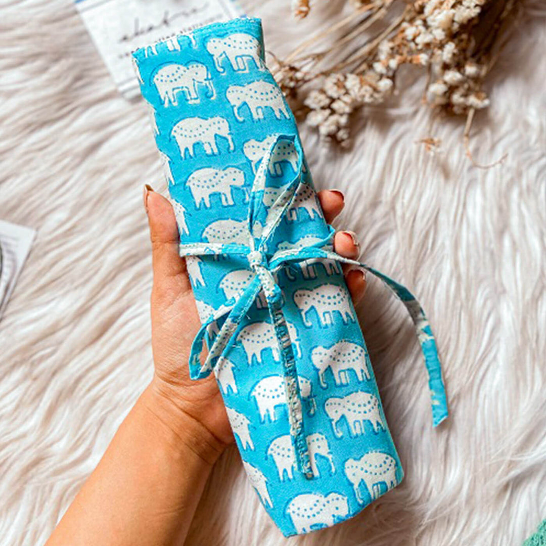 Hand-stitched Cotton Fabric Blue Elephant Roll Up Case