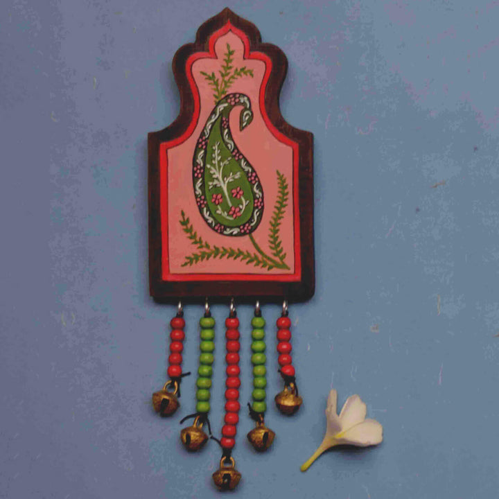 Handpainted Paisley Wooden Wall Art with Wooden Beads and Brass Ornament - Red Peach