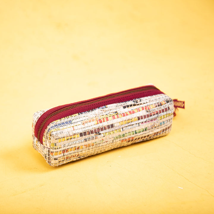 Handwoven Newspaper Pencil Pouch - Red