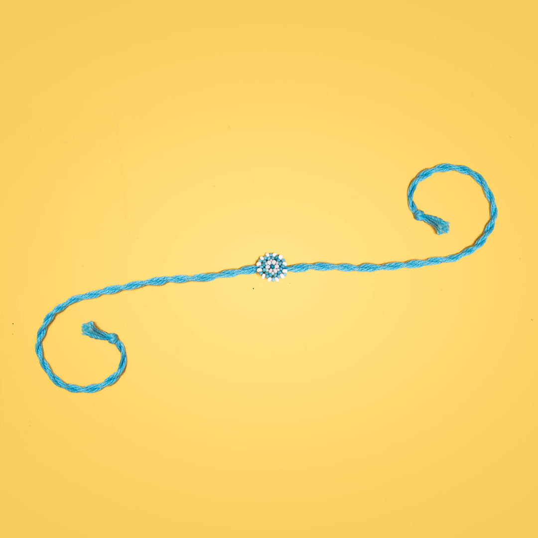 Chaand Collection Glass Beeds Rakhi Sky Blue - Extended Length Showing Full Design