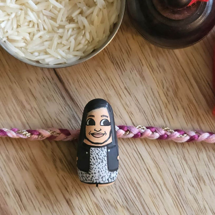 Photo Customized Wooden Character Doll Rakhi with Roli Chawal