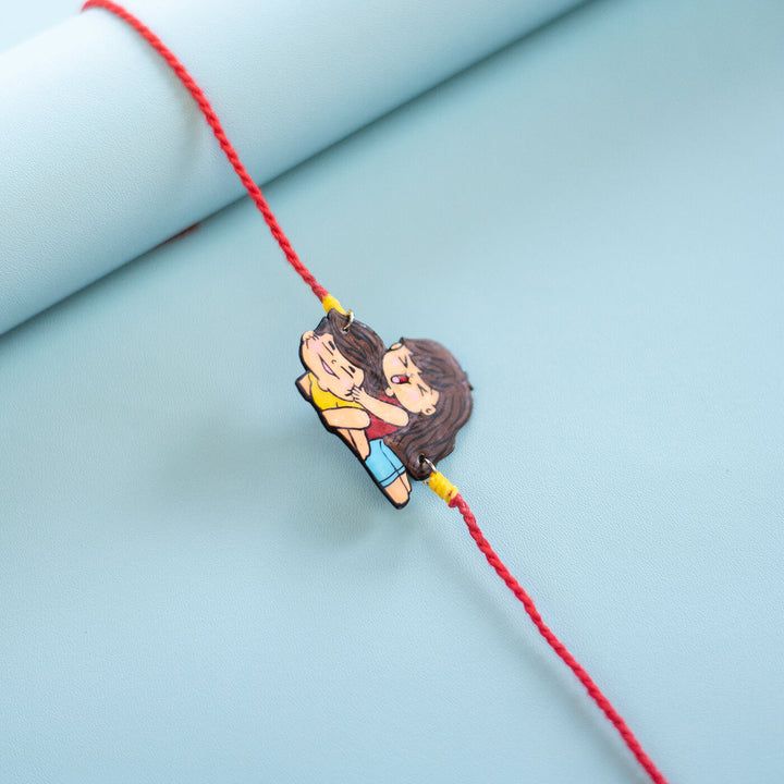 Handpainted Sibling Illustration Rakhi With Roli Chawal