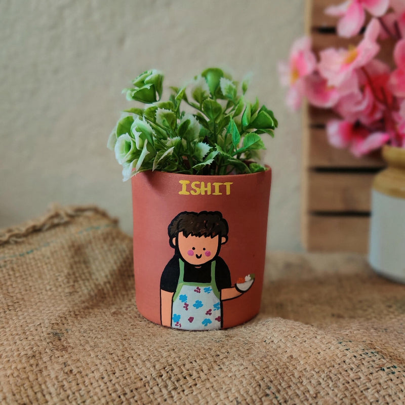 Handpainted Personalized Clay Planter With Photo Based Single Caricature