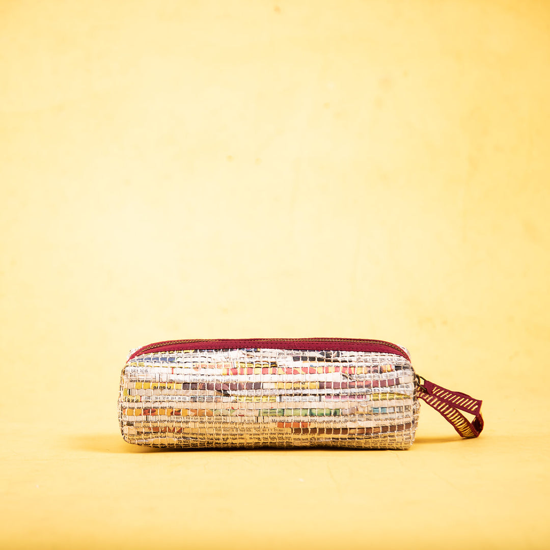 Handwoven Newspaper Pencil Pouch - Red