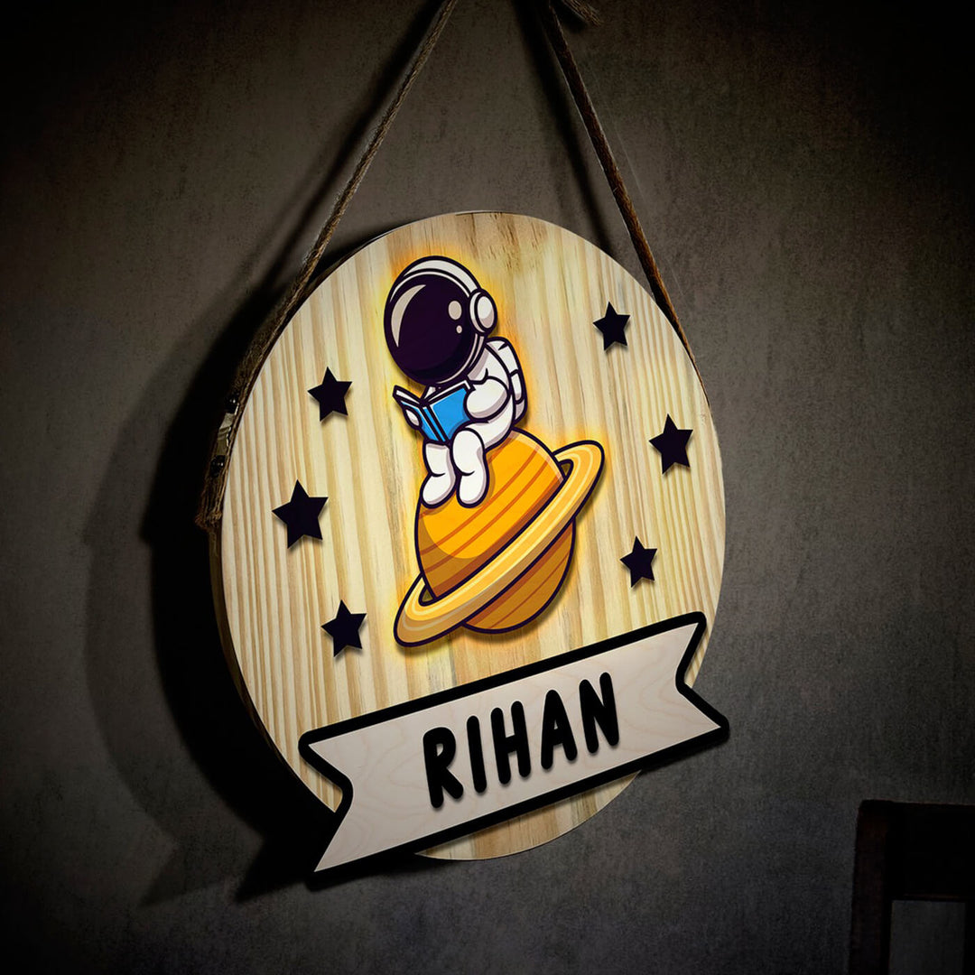 Kids Circular 3D Dino Astronaut Themed Name Plate With Lights - Hanging Wall Sign with Name Personalization