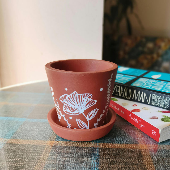 Handpainted Terracotta Jungle White Forest Planter Pot